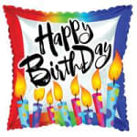 Rainbow birthday balloon with candles and "Happy Birthday" text