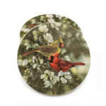 Two round decorative plates with birds and white blossoms