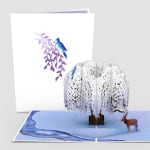 Pop-up greeting card with a blue bird, purple branch, and deer scene