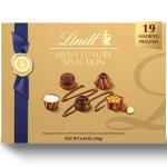 Box of Lindt assorted pralines with a blue ribbon