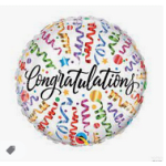 Round balloon with colorful confetti and the word congratulations