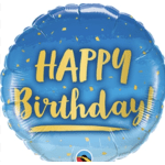Blue birthday balloon with yellow "Happy Birthday" text