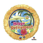 Round balloon with "Happy Retirement" text and tropical beach graphics