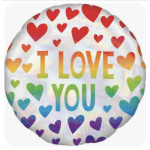 Round foil balloon with hearts and the words I LOVE YOU