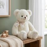 Cream teddy bear with a satin bow sitting on a wooden bench