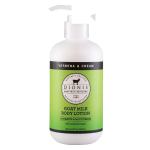 Bottle of goat milk body lotion with a green label