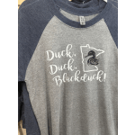 Gray and navy raglan T-shirt with a duck graphic and text
