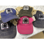 Five embroidered baseball caps in assorted colors with sunflower patches