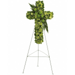 Standing cross of green flowers on a metal easel