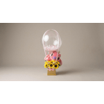 Pink plush toy in a clear balloon-style gift box with yellow flowers