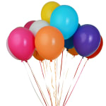 Cluster of colorful balloons with long ribbons on a white background