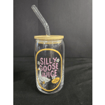 Clear glass tumbler with a bamboo lid and glass straw