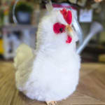Plush white chicken figurine with red comb and beak on a wooden surface