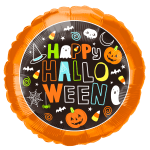 Orange Halloween balloon with "Happy Halloween" text and spooky icons
