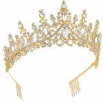 Gold rhinestone tiara with combs on a white background