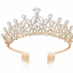 Jeweled gold tiara with clear stones on a white background