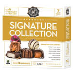 Box of assorted chocolates in gold and white packaging