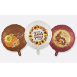 Three Thanksgiving-themed foil balloons with fall designs and text