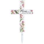 Decorative cross stake with floral print and the words "Mom, you are always in my heart."