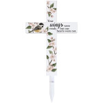 Decorative memorial cross stake with floral print and bird illustration