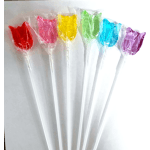 Six colorful tulip-shaped lollipops wrapped in clear plastic