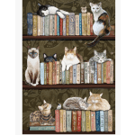 Illustrated cats resting on stacked books against a patterned background