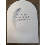Arched white sympathy card with feather illustration and 'With Deepest Sympathy' text