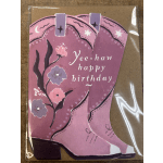 Pink cowboy boot birthday card with floral designs and 'Yee-haw happy birthday' text