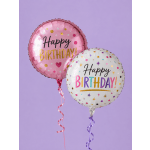 Two birthday balloons with curled ribbons on a lavender background.