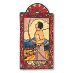 Rectangular religious plaque with a bow-holding figure framed by a red decorative border