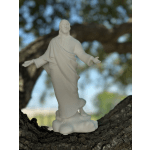 White religious statue of Jesus standing on a tree branch
