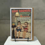 Greeting card with a retro illustration and bold text on a stand
