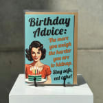Birthday card with a retro woman illustration and cake graphic