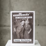 Birthday card with a black-and-white photo and bold text