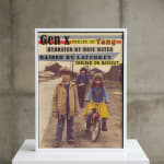 Framed poster with three children and bold text on a neutral background