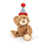 Teddy bear wearing a blue Happy Birthday party hat