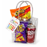 Birthday gift bag with candy, chips, and a soda can