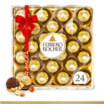 Box of Ferrero Rocher chocolates with a red ribbon and bow