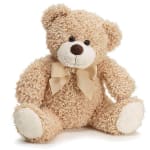 Plush teddy bear with a beige ribbon bow