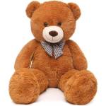 Brown teddy bear with a checkered bow tie on a white background