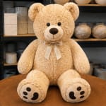 Large beige teddy bear with a ribbon bow sitting on a table