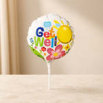 Round foil balloon with "Get Well" text and colorful flowers on a stick