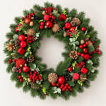 Christmas wreath with pine, red ornaments, berries, and pinecones