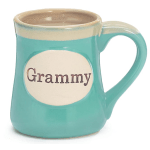 Turquoise ceramic mug with a cream oval label reading “Grammy” on the front