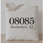 Canvas tote bag with "08085 Swedesboro, NJ" printed on the front
