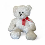 White plush teddy bear with a red ribbon bow around its neck