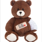 Brown teddy bear with a "Get Well Soon" patch and bandaged arm