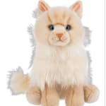 Plush cream-colored cat with blue eyes on a white background