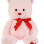 Pink teddy bear with a red ribbon bow on a white background