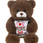 Brown teddy bear holding a chocolate bar with a love message